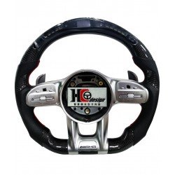 BENZ AMG 19款 智慧競技型 LED 左右透氣皮 握把卡夢 變形蟲方向盤 銀 (紅線)
