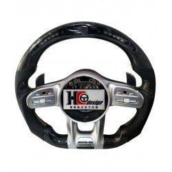 BENZ AMG 19款 智慧競技型 LED 左右透氣皮 握把卡夢 變形蟲方向盤 銀 (黃線)