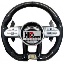 BENZ AMG 19款 競技型 左右透氣皮 握把卡夢 變形蟲方向盤 (黑定位圈、飾板銀、卡夢撥片)