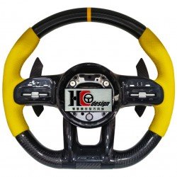 BENZ AMG 19款 競技型 左右黃透氣皮 方向盤 黑 黃定位圈 卡夢撥片 黃線