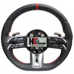 BENZ AMG 21款 上下全皮 左右透氣皮 蜻蜓方向盤 黑面板 銀 紅定位圈