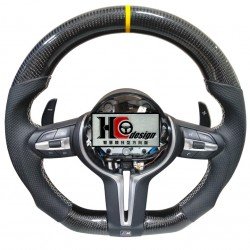 BMW F10 M5款 競技型 左右透氣皮 方向盤 (黃定位圈、白縫線)